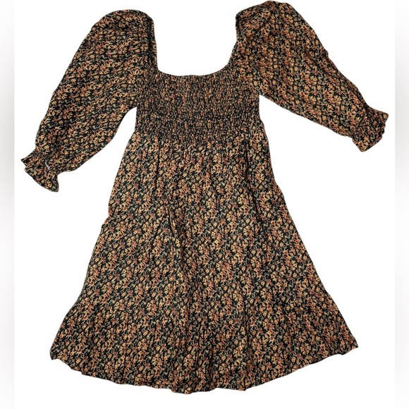 Faithfull the Brand Black Floral Puff Sleeve Smocked Mini Dress Size Large - Picture 7 of 7